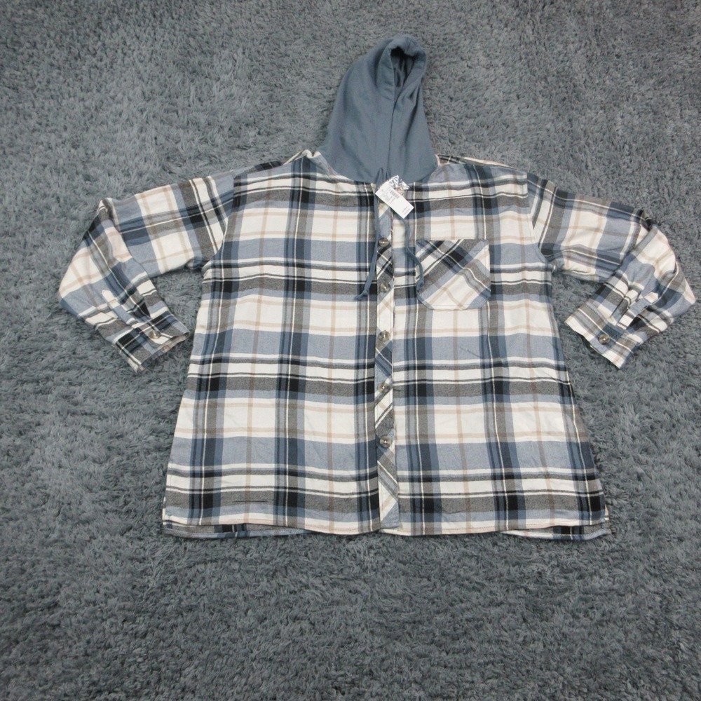 Maurices Mens XL Plaid Hooded Button Up Shirt Blue White Tan Long Sleeve NWT